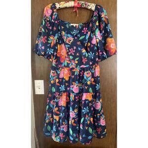 Skies are Blue blue floral dress puff sleeves sz medium vneck w/button closure